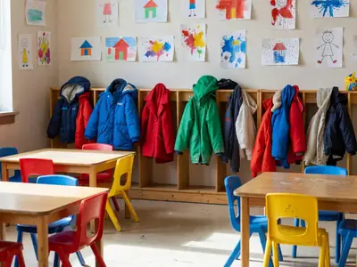 A bright daycare playroom with low tables, small chairs and cubbies with coats.