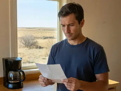 A man in his thirties standing at his kitchen counter reading a plain paper bill with a thoughtful look.