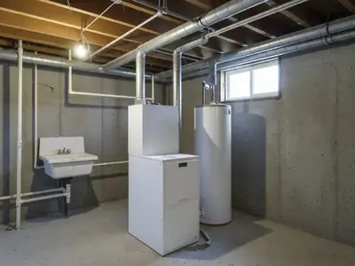A gas furnace and water heater in a clean unfinished basement.