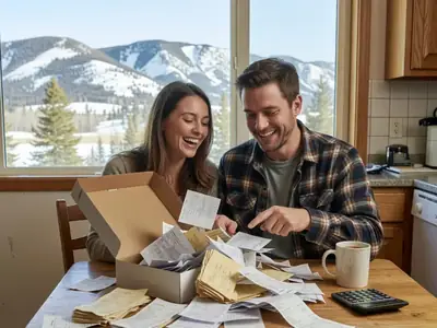 A couple in their thirties sorting a shoebox of receipts into piles at a kitchen table, laughing at the mess.