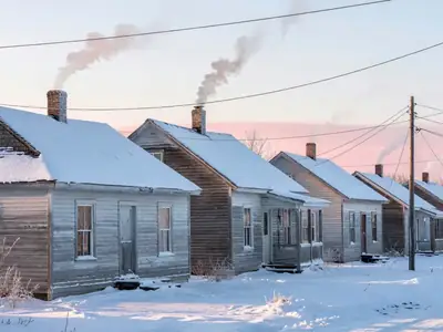 A row of prairie houses with smoke rising from chimneys on a frosty winter morning.