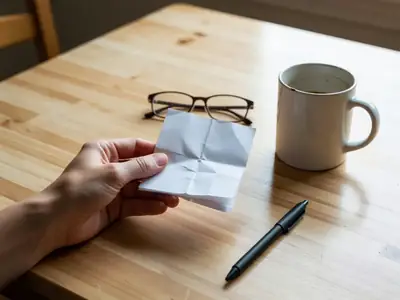 A hand holding a plain utility bill folded in thirds above a kitchen table, a pen beside it.