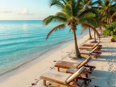 A quiet beach with palm trees, lounge chairs and turquoise water.