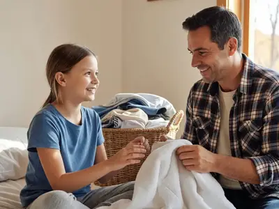 A girl of about ten folding laundry on a bed beside her father, both smiling as he shows her how to fold a towel.