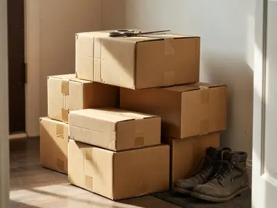 A pile of plain brown delivery boxes in a front hallway with a pair of scissors on top.