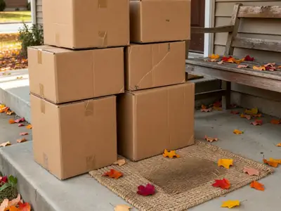 A stack of plain brown delivery boxes on the front porch of a house beside a doormat.