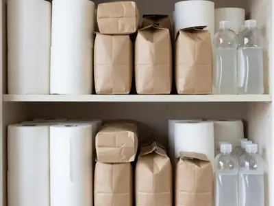 A pantry shelf neatly stocked with repeat household staples, paper towels, coffee bags and dish soap.