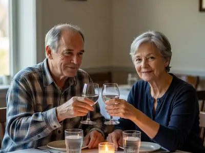 A couple in their sixties toasting at a quiet restaurant dinner for their anniversary.