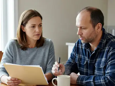 A couple in their forties at a dining table talking over their home and car insurance, the woman holding a closed manila folder and the man a pen, both thoughtful.