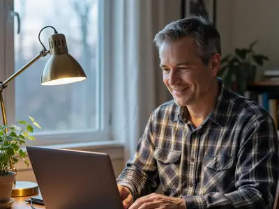 A man in a home office closing his laptop with a satisfied look.