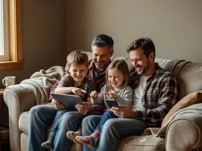 A family of four sitting on a sofa sharing a tablet and a phone, the kids pointing excitedly.