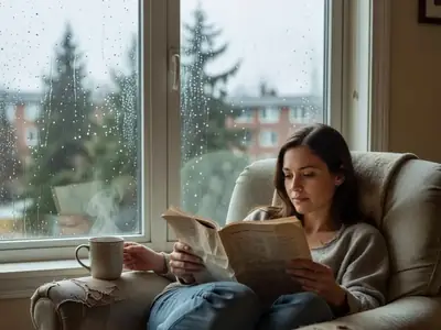 A woman curled up in an armchair reading a printed magazine with a cup of tea.