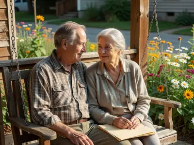 An older couple sitting on a porch swing talking quietly, the woman holding a closed folder.