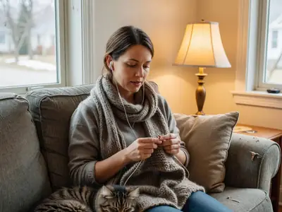 A woman listening to an audiobook with earbuds while knitting on her sofa.