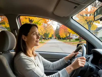 A woman in her forties driving a compact car calmly on a suburban road, seen from the passenger seat.