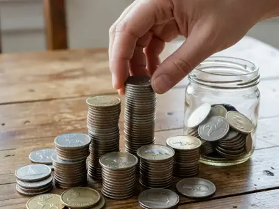 Close-up of a hand stacking loonies and toonies into neat columns on a wooden table.