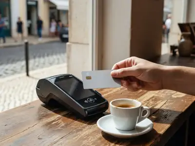 A hand holding a contactless card over a payment terminal at a café counter abroad.