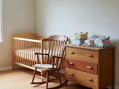 A simple nursery with a crib, a secondhand dresser and a rocking chair.