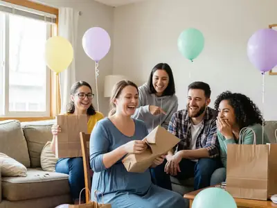 Friends at a baby shower in a living room laughing as the mom-to-be opens a gift.