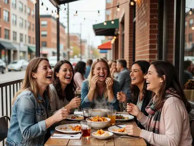 A group of women in their late twenties laughing around a table at a casual bachelorette dinner.