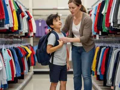 A mother and her son trying on a new backpack and sneakers in a store aisle in late August.