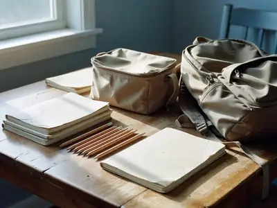 New school supplies laid out on a kitchen table, pencils, notebooks, a lunch bag and a backpack.