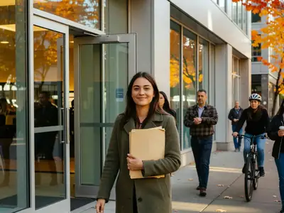 A young woman walking out of a bank branch onto a downtown sidewalk with a satisfied smile, folder under her arm.