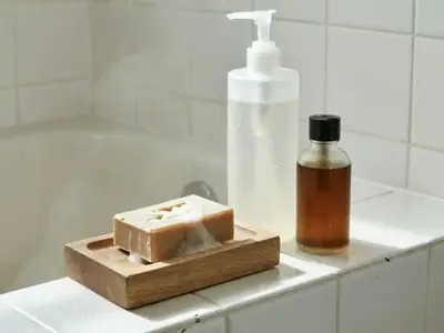 A bar of soap on a wooden dish, a pump bottle of body wash and a small bottle of shower oil on a bathtub ledge.