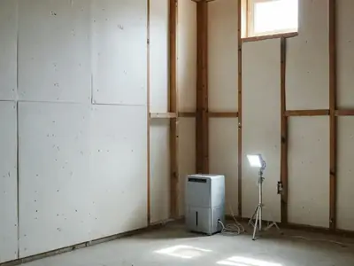 A finished basement with rigid foam insulation panels on concrete walls, partly framed.