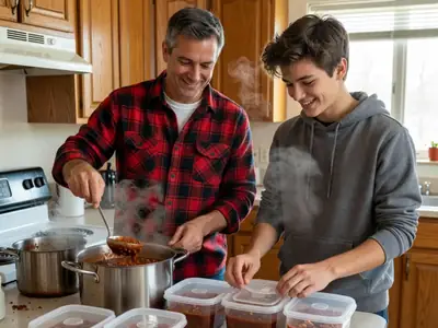 A father ladling chili into a row of freezer containers while his teenage son snaps on the lids.