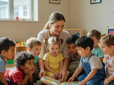 A child care educator reading a picture book to a small group of toddlers on a rug.