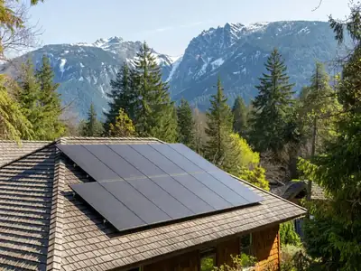 Solar panels on the roof of a cedar-shingled house with mountains behind.