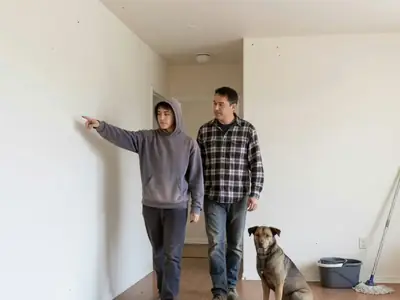 A landlord and a young tenant walking through an empty apartment together at move-out, the tenant pointing at a clean wall.
