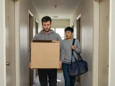A young man carrying a moving box out of his apartment while a new tenant holding a duffel bag waits in the hallway.