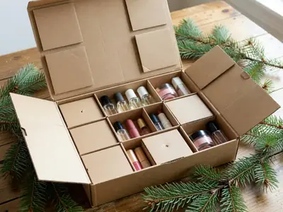 An opened beauty advent calendar box with small numbered-looking doors replaced by plain doors, minis inside.