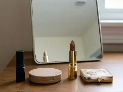 Two similar lipsticks and two compact powders side by side on a vanity, one set plain and one fancier.