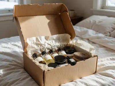 An open subscription box of small grooming products in tissue paper on a bed.