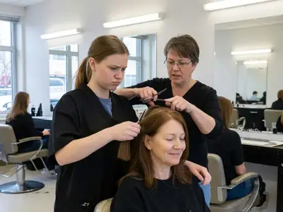 A student stylist cutting a client's hair under an instructor's supervision in a beauty school salon.