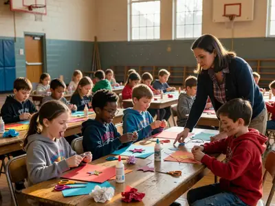 School-age kids doing crafts at long tables in a school gym after-school program.
