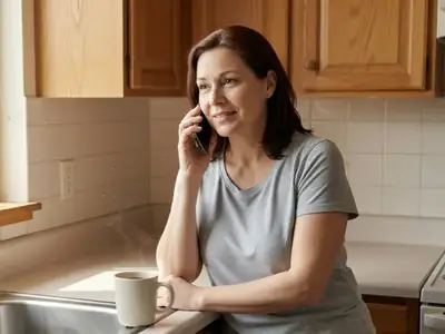 A woman on the phone in her kitchen, leaning on the counter and smiling slightly as she negotiates.