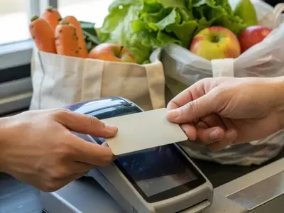 Close-up of a hand tapping a plain blank credit card on a payment terminal at a grocery checkout.