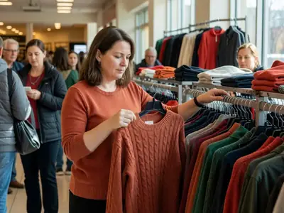 A woman in her forties flipping through a rack of discounted fall sweaters and jackets in a clothing store.