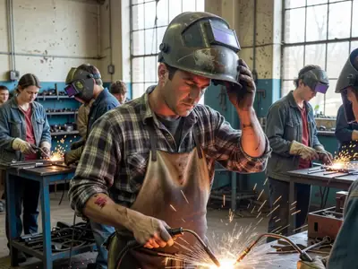 A man in his forties in a welding class, lifting his helmet to look at his work.