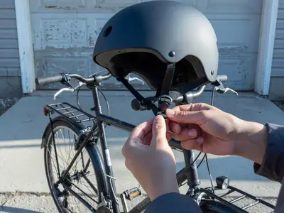 Hands clipping on a bicycle helmet next to a commuter bike with front and rear lights and fenders.