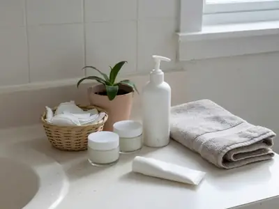A bathroom counter with a few plain skincare jars, a pump bottle of moisturiser, a tube of sunscreen and a small basket of cotton pads.