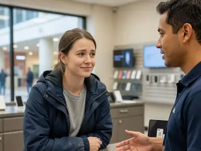 A young woman at a phone store counter listening to a sales associate explain a plan, looking sceptical but friendly.