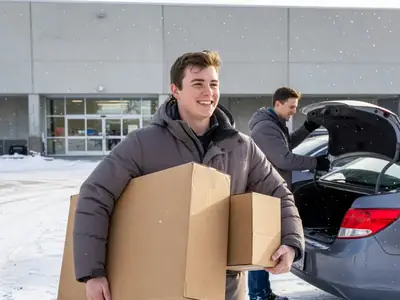 A young man carrying a large plain cardboard TV box and a small boxed pair of headphones out of an electronics store into a snowy parking lot, grinning.
