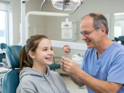 A smiling teenage girl with braces sitting in an orthodontist's chair while the orthodontist shows her a mirror.