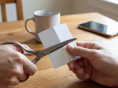 Close-up of hands using scissors to cut a plain blank credit card in half over a kitchen table.