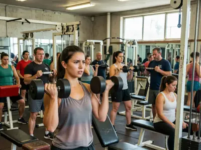 A young woman lifting dumbbells in a busy budget gym.